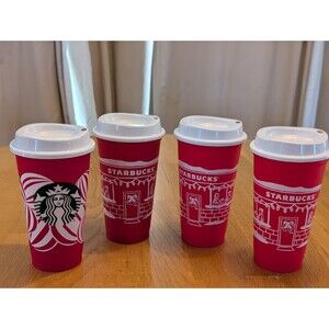 Lot of 4 Starbucks Christmas 2025 Red Cup Day 16oz Xmas Holiday Reusable Cup Lid